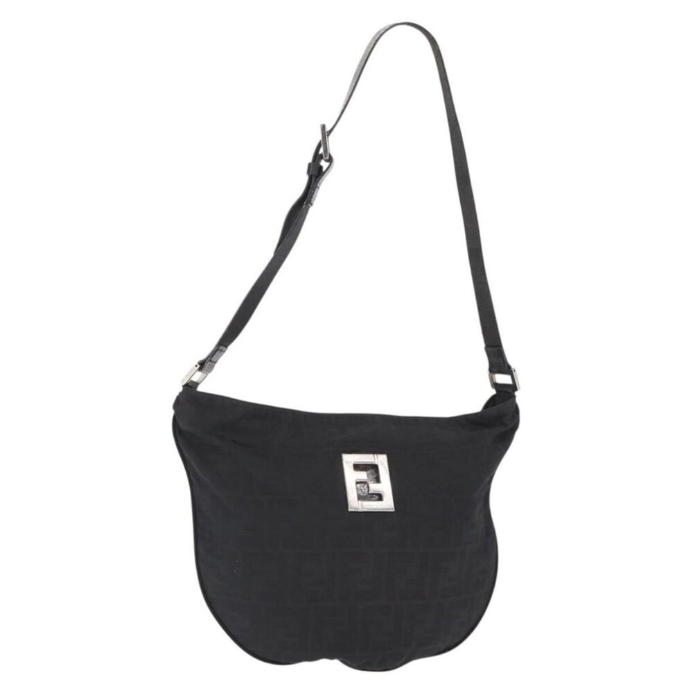 Authentic FENDI Zucca Canvas Shoulder Bag Black Silver